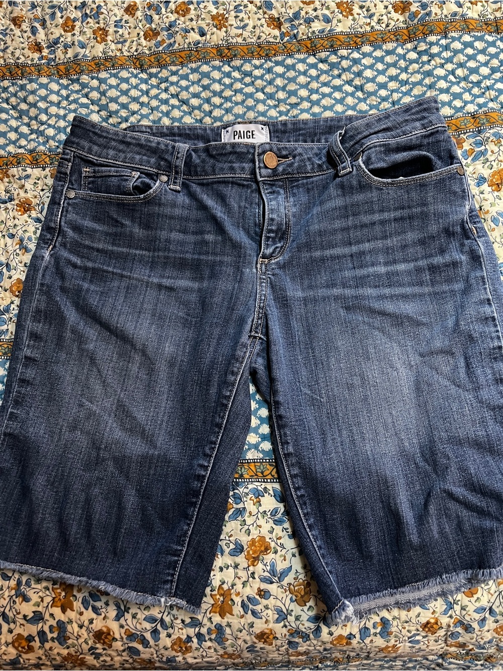PAIGE Dark Blue Cropped Denim Bermuda Shorts